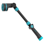 Angled view of a Gilmour carbon-finish watering wand with teal accents and swivel head