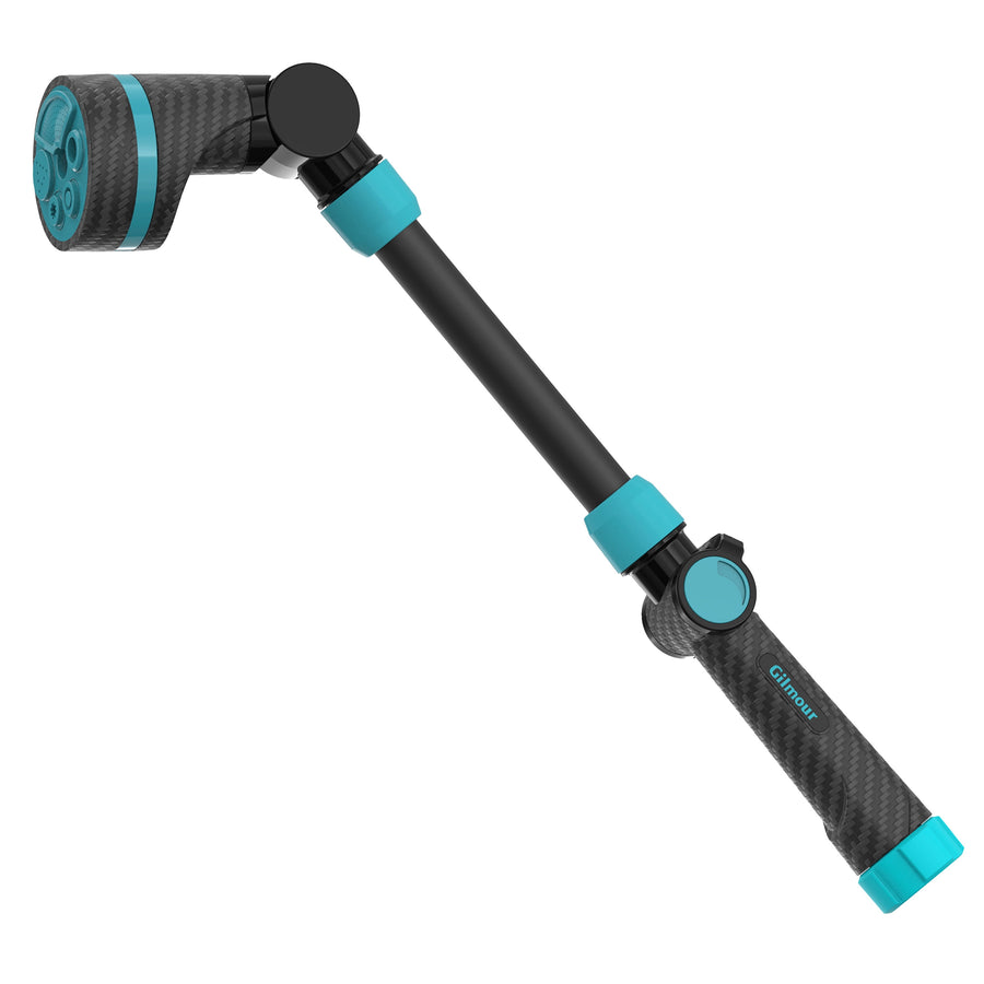 Angled view of a Gilmour carbon-finish watering wand with teal accents and swivel head