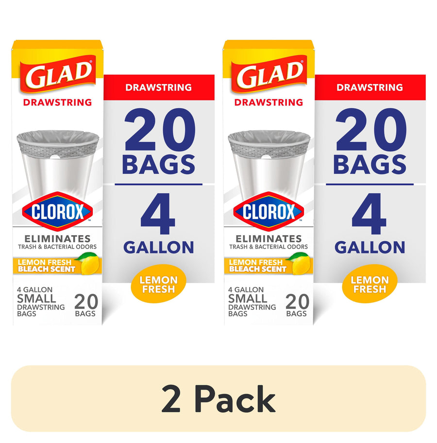 two boxes of glad clorox lemon fresh bleach scent 4-gallon drawstring trash bags, 20 bags each, with a 2 pack label