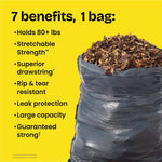 Graphic showing a full black Glad trash bag of leaves with text listing seven benefits including stretchable strength and leak protection
