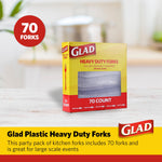 Glad 70 count heavy duty forks box shown on a kitchen surface with a circular 70 forks badge