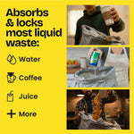 Yellow feature panel with photos showing water, coffee, juice poured into a Glad bag and text about absorbing liquids