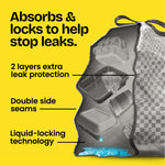 Yellow panel showing bag cross-section with captions for two-layer protection, double side seams and liquid-locking tech