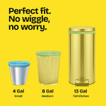 Graphic showing three sized bins with corresponding bag fits labeled 4, 8 and 13 gallon and bold 'Perfect fit' headline