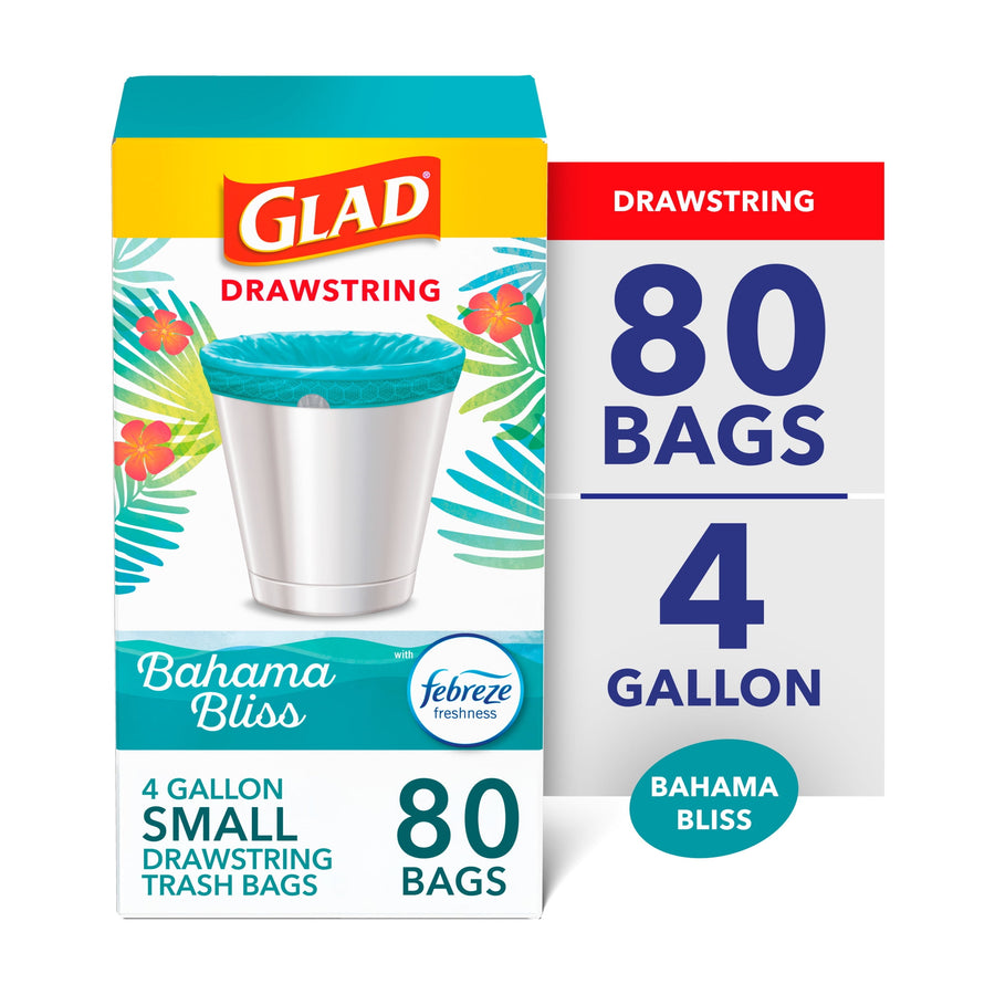 Glad Bahama Bliss drawstring 4-gallon small trash bag package showing teal bag in a can and large "80 bags" callout