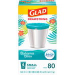 Front-facing Glad Bahama Bliss drawstring small trash bag box showing teal bag inside a silver can and Febreze freshness badge