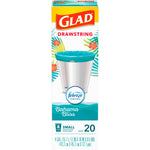 Front-facing Glad Bahama Bliss drawstring trash bag box showing teal bag in a silver can and Febreze freshness seal