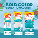 Promotional graphic showing three Glad Bahama Bliss product boxes side by side with headline 'Bold Color Sensational Scent'