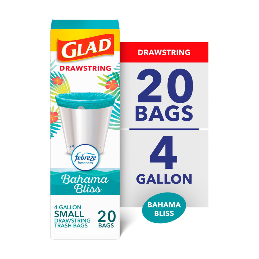 Tall vertical Glad box showing teal drawstring trash bag in a silver can with Bahama Bliss and Febreze logos