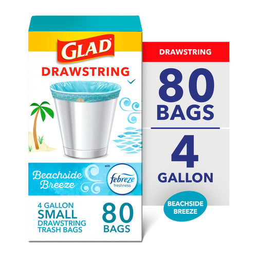 Glad Beachside Breeze drawstring trash bag packaging showing a small silver can with a blue bag and large '80 bags' callout