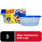 glad big bowl large round plastic food storage container with blue lid beside the retail box showing 3-count and 48 oz capacity
