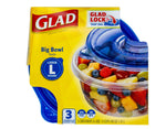 Glad retail box for Big Bowl round containers showing a clear bowl of mixed fruit and a blue interlocking lid on yellow packaging.