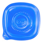 Top-down view of a blue Glad plastic lid with embossed Glad logo and interlocking lid text around center