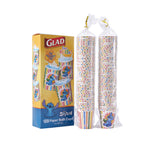 Glad For Kids retail box next to two tall clear-bagged stacks of striped Stitch-themed paper bath cups.