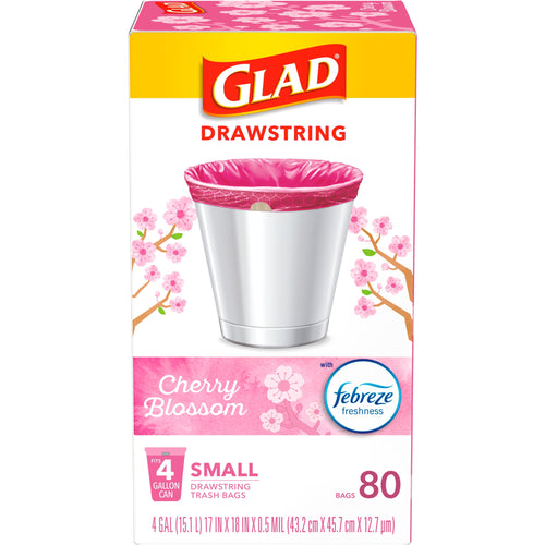 Glad drawstring Cherry Blossom box showing pink-lined 4-gallon trash can graphic and Febreze freshness label, 80-count packaging.
