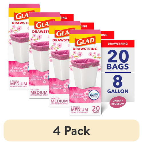 Four stacked Glad Cherry Blossom drawstring trash bag boxes with pink liners and a badge showing 20 bags, 8 gallon.