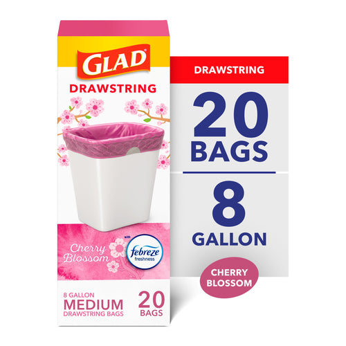 Glad packaging shot showing white box with pink drawstring trash bag in a bin and '20 bags 8 gallon' callout
