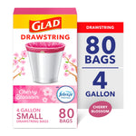 Product box for Glad drawstring small trash bags with pink cherry blossom branding and 4-gallon callout.