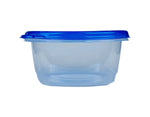 Side view of a clear Glad tall entrée square container with a snapped-on blue lid on white background