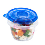 Glad clear round container filled with fruit salad and a blue Glad lid featuring embossed logo