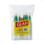 Clear Glad-branded plastic cups with teal palm-leaf and yellow dot print visible through a clear retail bag