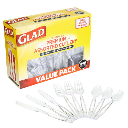 Glad yellow value-pack box of clear premium assorted plastic cutlery with knives, forks and spoons fanned in front