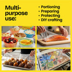 Four photo grid showing cling wrap uses: bowls, covering salmon, wrapping treats, and protecting a paint palette