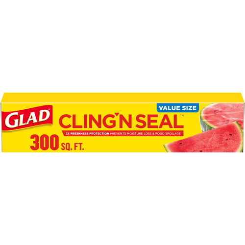Yellow Glad Cling'N Seal box front with large red logo, 300 sq. ft. label and watermelon image