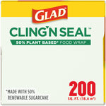 Close-up square view of Glad Cling'n Seal box front highlighting '50% plant based' messaging and large red '200' square feet callout