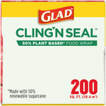 Front-facing Glad Cling'n Seal packaging showing Glad logo, '50% plant based' banner and prominent '200 sq. ft.' label