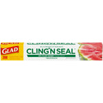 Full-length Glad Cling'n Seal plant-based food wrap box with brand logo, product name and watermelon image at right