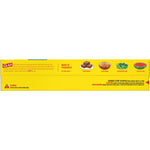 Back or side panel of Glad Cling'N Seal yellow box with use icons, caution text and small illustrations for portioning and protecting