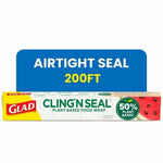 Glad Cling'n Seal plant-based food wrap box with 50% plant-based badge and 'Airtight Seal 200FT' callout