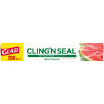 Long rectangular box of Glad Cling'n Seal plant-based food wrap showing brand, product name and a watermelon slice