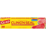 Long frontal shot of Glad Cling'N Seal yellow value size box showing 300 sq. ft. label and watermelon image