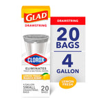 Single Glad drawstring 4-gallon box showing Clorox logo and '20 bags 4 gallon' lemon fresh label