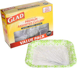 Glad value pack box of clear assorted plastic cutlery shown with clear forks and spoons arranged on a patterned paper plate