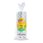 Tall stack of Glad For Kids dinosaur paper snack bowls in clear bag with product label visible