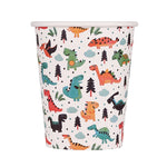 Single white paper cup covered in colorful cartoon dinosaur and tree pattern on a white background