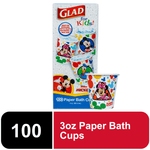Boxed Glad for Kids Disney Mickey and Friends 3 oz paper bath cups with one illustrated cup shown beside the package.