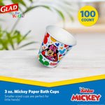 Glad Disney Minnie Mouse 3 oz paper bath cup photographed on a light surface with branding and a 100 count badge in the corner.