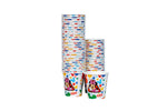 Stacks of Glad Disney Minnie Mouse 3 oz paper bath cups showing printed colorful Mickey ear patterns and Minnie artwork.