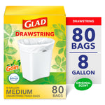 Glad yellow box packaging for drawstring 8-gallon medium trash bags with Gain and Febreze badges and '80 bags' label