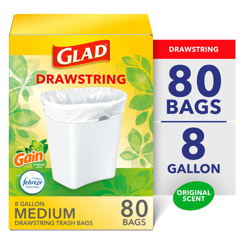 Glad yellow box packaging for drawstring 8-gallon medium trash bags with Gain and Febreze badges and '80 bags' label