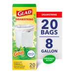 Tall product box for Glad drawstring 8-gallon trash bags featuring Gain and Febreze logos and bold '20 bags' callout