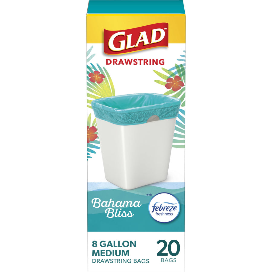 Glad Drawstring 8-gallon trash bag packaging with teal bag shown inside a white trash can and Bahama Bliss branding