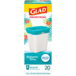 Glad Drawstring Bahama Bliss box front showing teal bag fit inside a white trash can and '20 bags' quantity visible