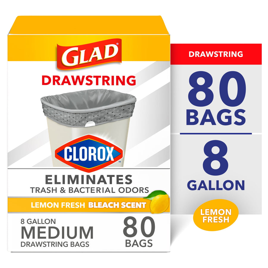 Glad drawstring trash bag box with Clorox badge, lemon graphic and '80 bags' callout