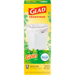 Tall Glad Drawstring product box featuring a white trash can, Gain and Febreze logos, labeled 8 gallon medium drawstring bags, 20 bags.
