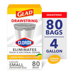 box of glad small 4-gallon drawstring trash bags, lemon fresh bleach scent, 80 bags